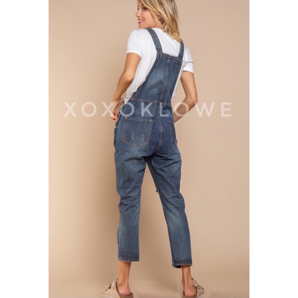 POL Retro 90’s Denim Overalls Grunge Distressed Dark Wash - Picture 5 of 12